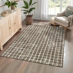 9x12 Washable Non-Slip Low Pile Faux Wool Geometric Checkered Runner Rug, Modern Farmhouse Throw Carpet for Home, Office, Taupe