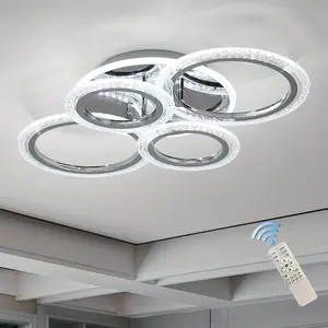 Modern Ceiling Light Dimmable Flush Mount LED Ceiling Lamp 4 Rings / 6 Rings Acrylic Ceiling Chandelier for Living Room Dining Room Bedroom, Chrome