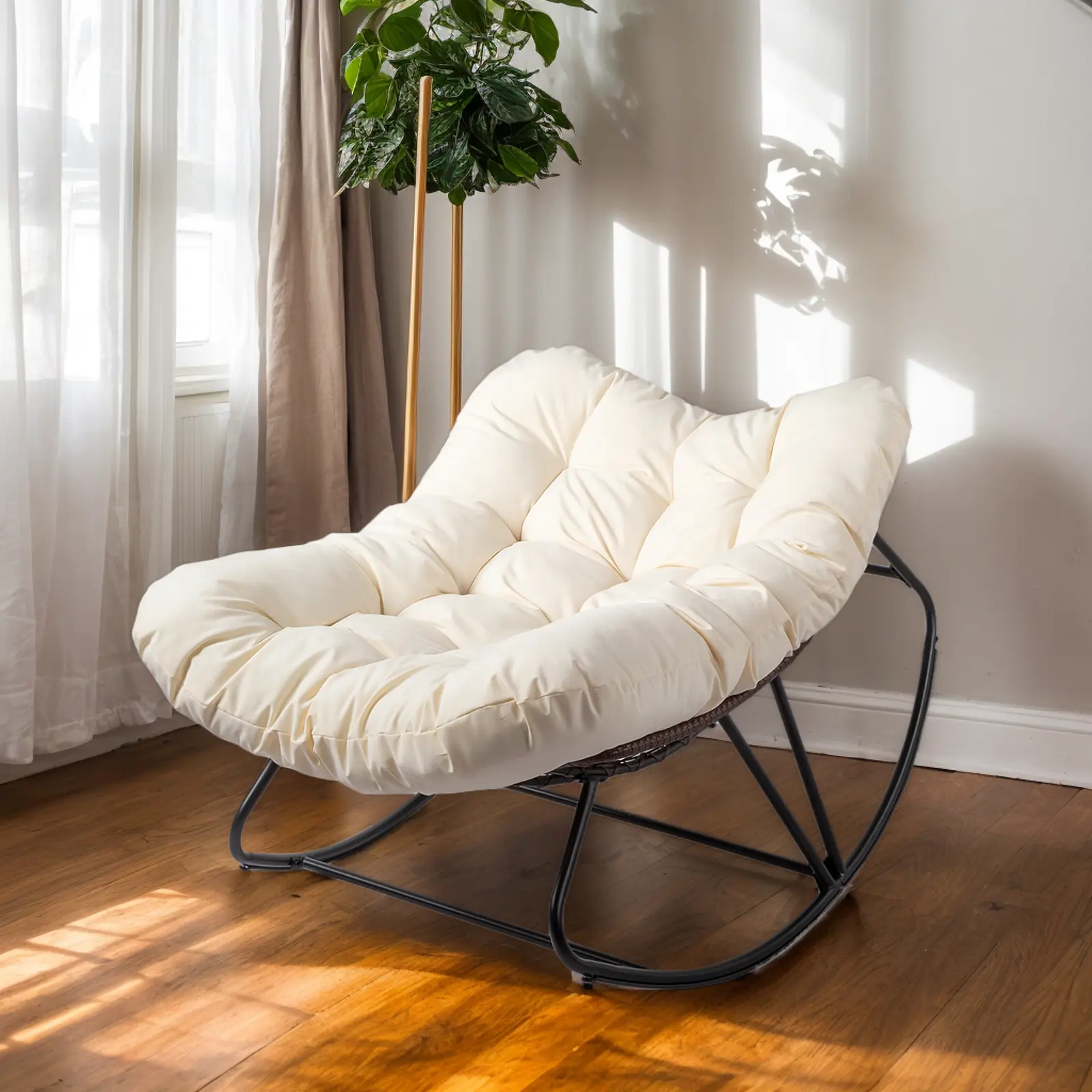 Oversized Rattan Papasan Rocking Chair - Heavy-Duty Steel Frame, Waterproof UV-Resistant Wicker, Thick Polyester Padded Cushion, 450lbs Load Capacity for Patio, Living Room, Papasan Chair