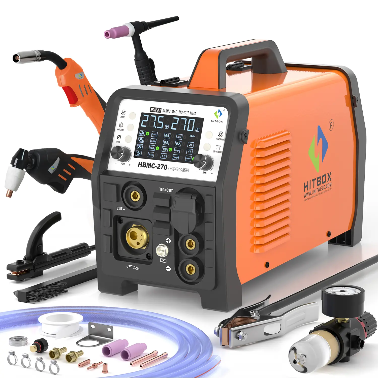 HITBOX HBMC270 6-in-1 Multi Process Welder - 110V/220V Gasless/Gas MIG, High-Frequency TIG, 40A Plasma Cutter, Stick, Spot, 2T/4T Aluminum Welder with Synergy, Large LED Display, 12mm Capacity, 60% Rated, Cut Functions, Home DIY, Manufacturer Warranty