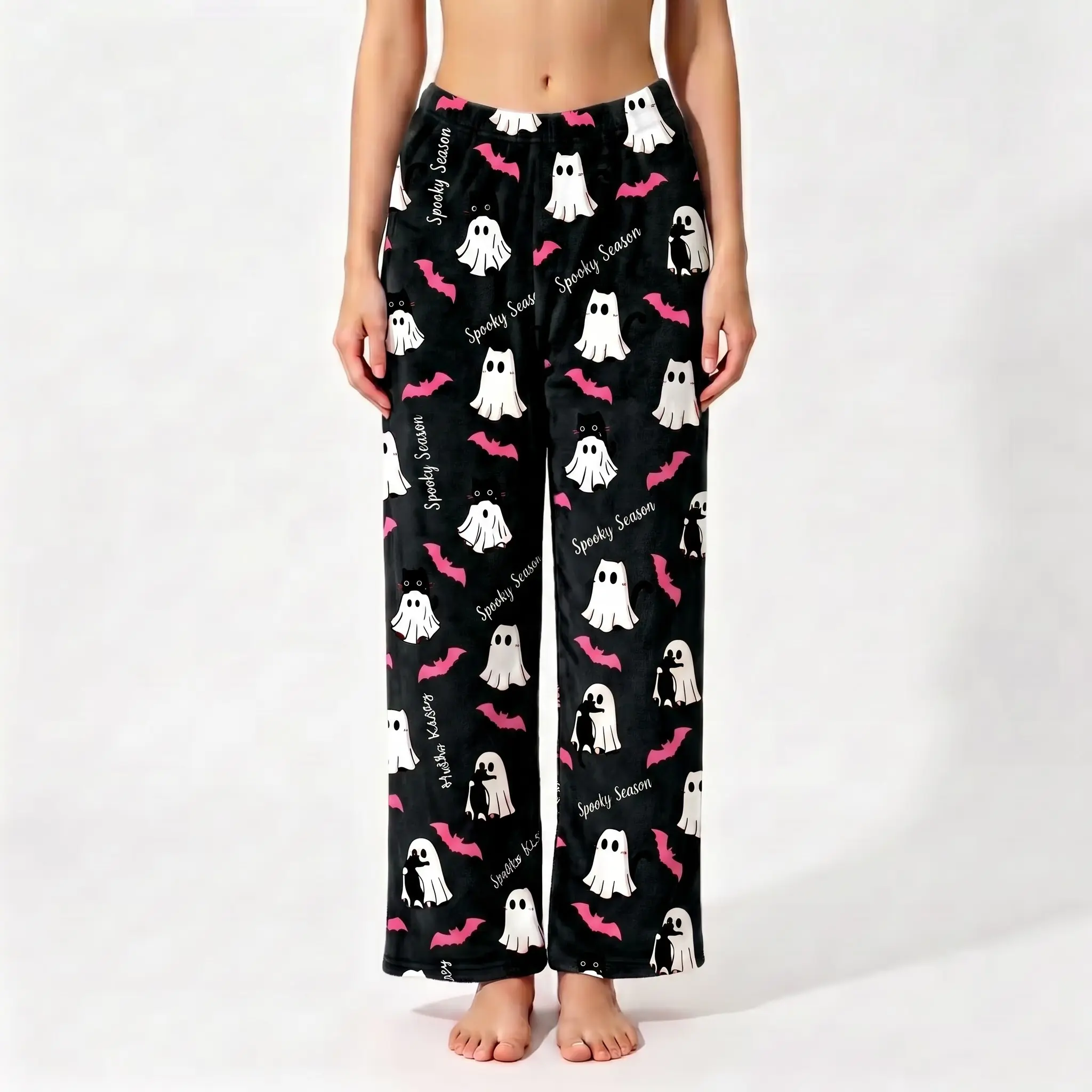 Women's Spooky Halloween-Themed Full Length Loose Fit Ghost Print & Cat Pattern Black Sleep Bottoms, Comfortable Womenswear Loungewear Pajama Pants, Loose Fit Pants, Spooky Theme
