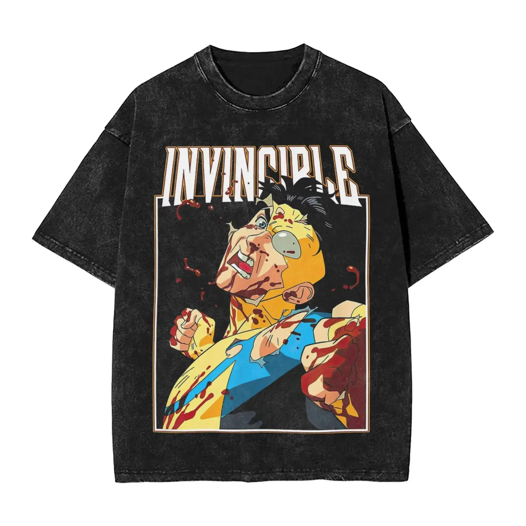 Invincible Mark Grayson Comic Graphic Tee, Vintage Acid Wash Unisex T-Shirt, Anime OOTD show Blood Splatter Superhero Top, Y2K Grunge Harajuku Aesthetics Hip Hop Streetwear Clothes for Men and Women Casual Garment