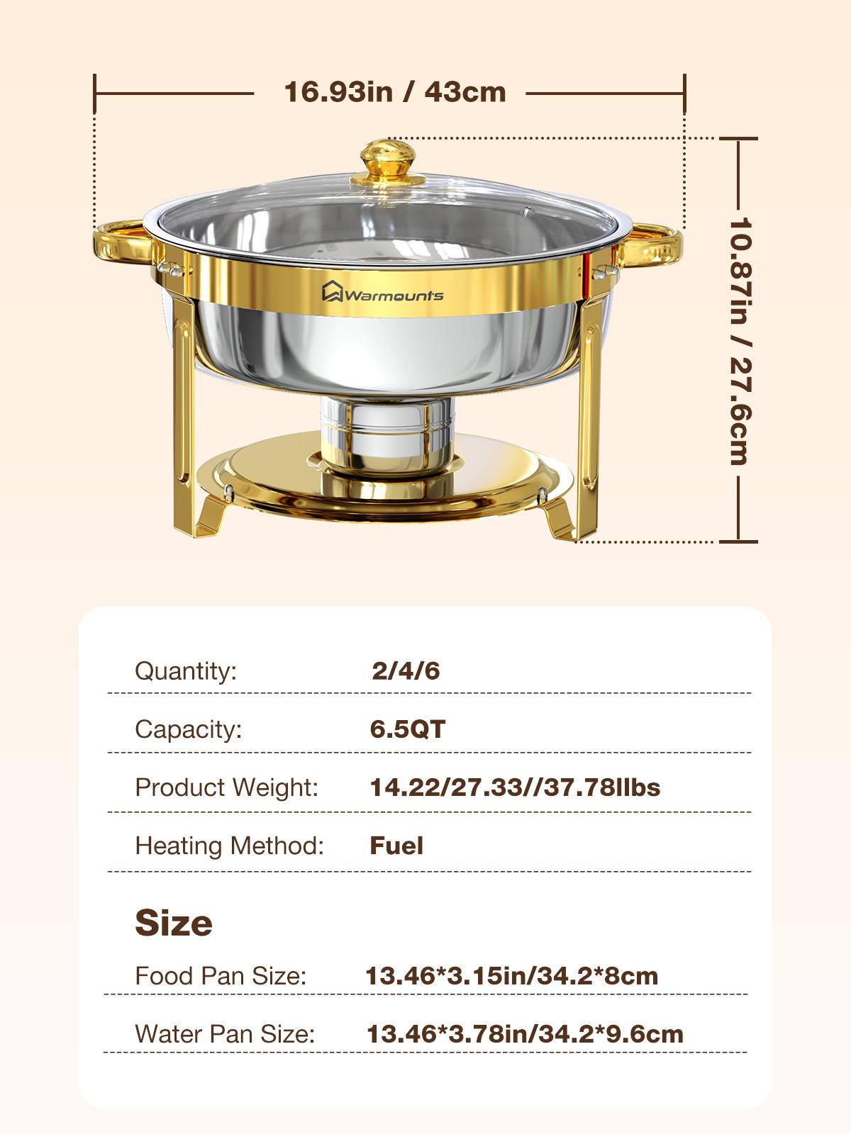 WARMOUNTS 6.5QT Gold Chafing Dishes for Buffet with Glass Lid , Round Chafers and Buffet Warmers Set with Mirror-Polished Stainless Steel, Rolled Rim, Stackable, Lid Holder for Parties, Weddings (2/4/6 Pack）
