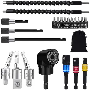 Flexible Drill Bit Extension Set, 105 Right Angle Drill Attachment, 1/4 3/8 1/2" Hex Shank Impact Driver Socket Adapter Rotatable Socket, Bendable Drill Bit Extension and  Bit Kit