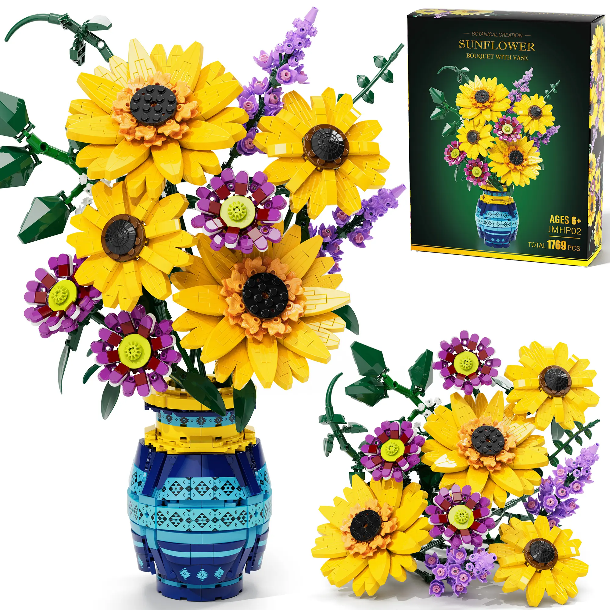 Mayicivo 1769-Pc Plastic Decorative Sunflower Bouquet Building Block Sets with Adjustable Height Vase - DIY Model Bricks, Gift-Ready Home/Office Decor, Ideal for Adult Anniversary/Mother's Day Gifts