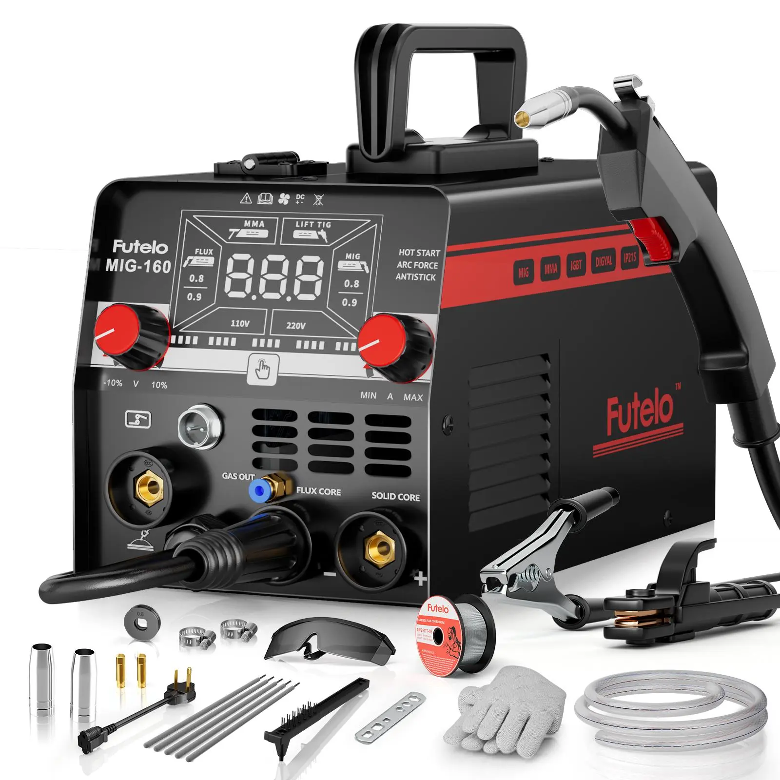 FUTELO MIG-160 110/220V Gasless Flux Core MIG Welder, 4-in-1 Handheld Portable Tools with Lift TIG/Stick Welding, Digital Display DC IGBT Synergic Control