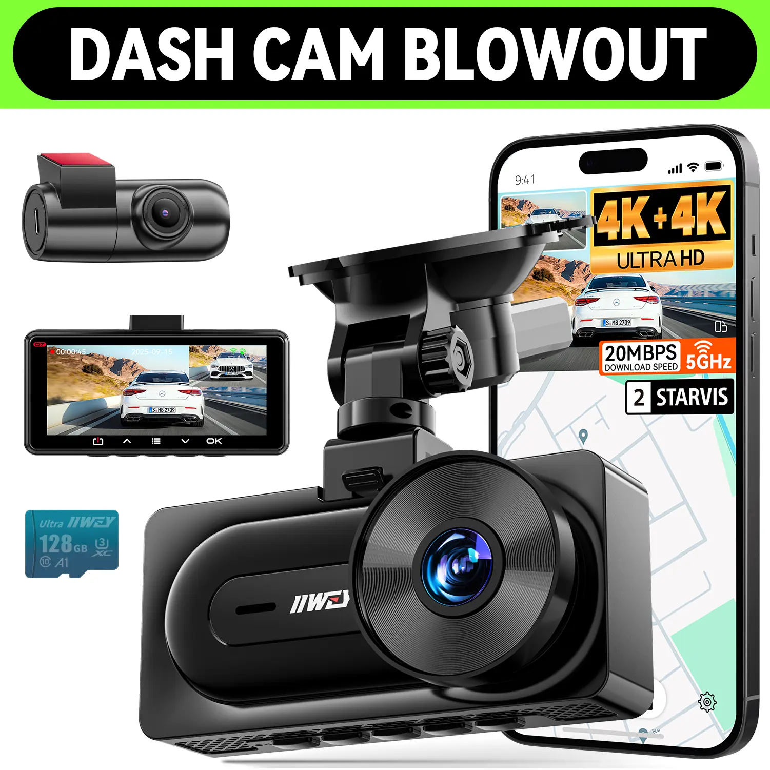 【BLOWOUT】IIWEY Q7 4K+4K Dash Cam – See Clearly in Any Moment. Equipped with Dual STARVIS Sensors (Front & Rear), fathersdaygiftWiFi-6 with 20MB/s Transfer, GPS, 24/7 Parking Mode, 3.18-Inch IPS Screen, and 170° Wide Angle 128GB SD Card Included