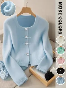 Elegant Women's Knit Cardigan, Round Neck Blue Blazer, Casual Fitted Style, Perfect for Fall & Winter, Single Wear or Layering, Knitwear