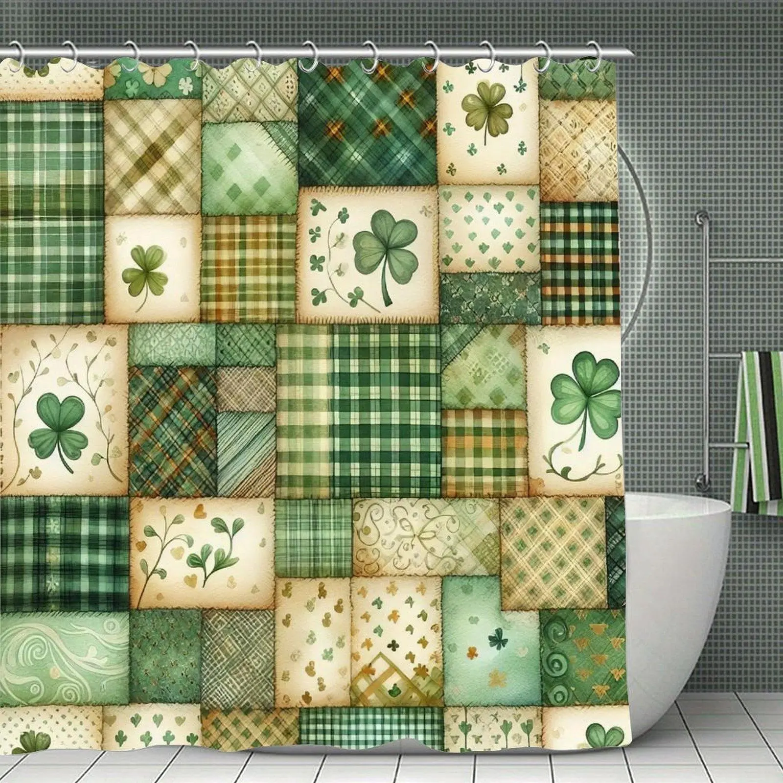 Vintage Clover Patchwork Plaid Pattern Shower Curtain Rustic Farmhouse Bathroom Decor Shower Curtain