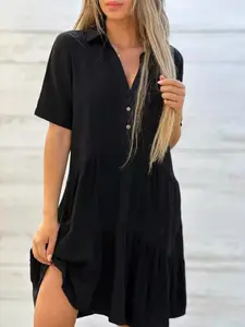 Women's Casual Loose-Fitting Short Sleeve Solid Dress, Pure Color Lapel Design, Perfect for Daily Wear & Leisure Activities