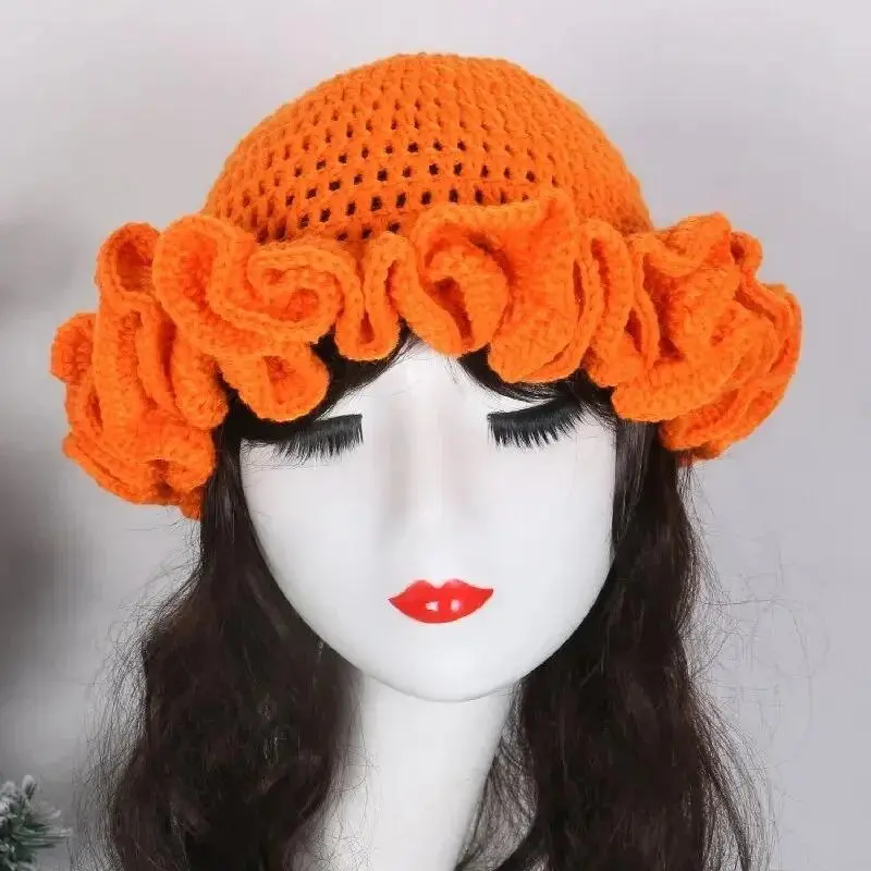 Colorful Crochet Ruffle Bucket Hat Warm Stretch Knitted Hat Women's Fashion Handmade Street Style Breathable Fisherman's Hat Colorful Crochet Ruffle Bucket Hat Warm Stretch Knitted Hat Women's Fashion Handmade Street Style Breathable Fisherman's Hat