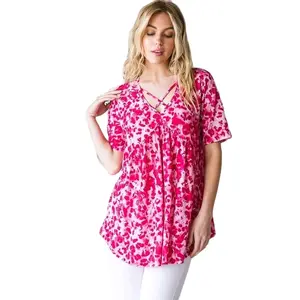 Heimish Full Size Short Sleeve Crisscross Animal Babydoll Top Plus Size Casual Piece Comfort Fabric Print Womenswear Blouse Flowy Shirts
