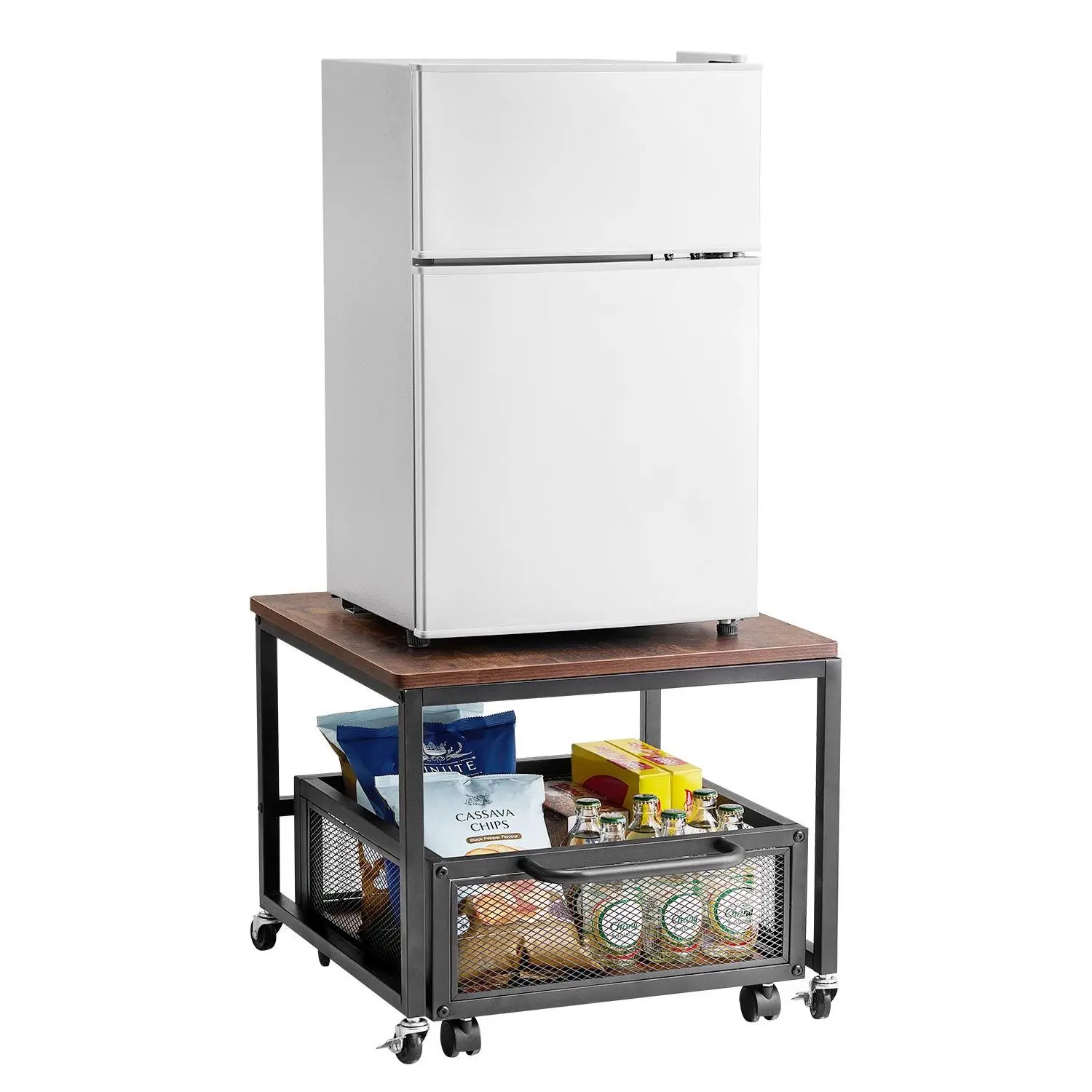 【Summerfinds】VEVOR Mini Fridge Stand with Storage, 198 lbs Mini Fridge Table with Movable Storage Cart & Swivel Wheels, Beverage Refrigerator Stand for Coffee Bar, Mini Fridge Organizer for Home Dorm, Dark Brown