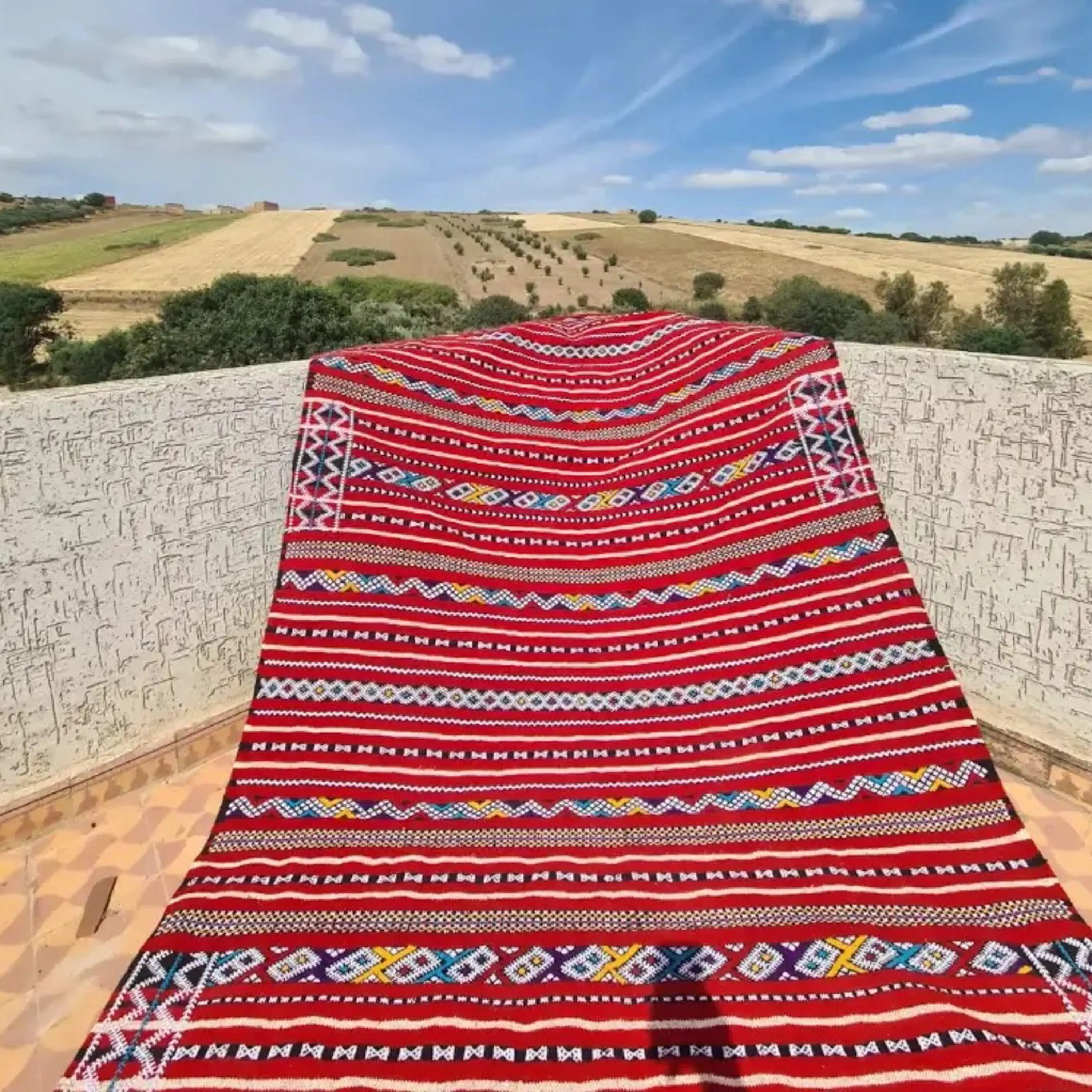 Red Handmade Berber Wool Rug - Colorful Moroccan Patterns
