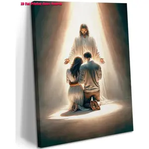 1pc wrapped farme wall decor, Stylish Religious Decor, Jesus Blesses Couple Canvas Wall Art Kneeling and Praying to Jesus Painting Wall Decor Christian Poster Artwork for Church LDS Bedroom Home Decor, Ready to Hang