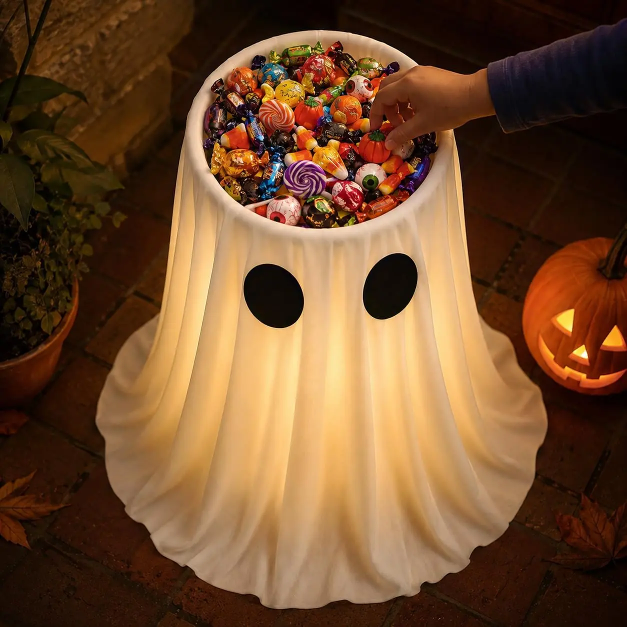 30 in Large-Capacity Lighted Halloween Ghost Candy Bowl with Timer Remote | Halloween Candy Bowl for Trick-or-Treat, Thick Draping Ghost Sheet, Halloween Decorations for Outdoor Porch Yard Front-Door