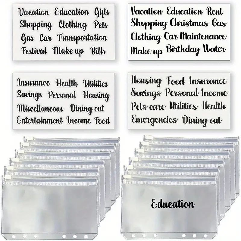 12Pcs zippered pouches and 4 cash envelope label stickers A6 adhesive pockets budget zipper clear adhesive labels for bills saving money Plastic Envelopes Zip Envelopes