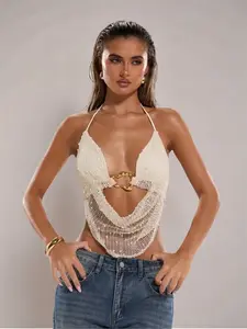 Women's Solid Color Crop Cami Top, Lady Fashionable Casual Minimalist Sleeveless Crochet Knit Top for Summer, Women's Clothing for Daily Wear, Womenswear, Summer Top, Halter Hollow Out Neck Top, Halter Tank Tops, Casual Comfy Backless Halter Cami