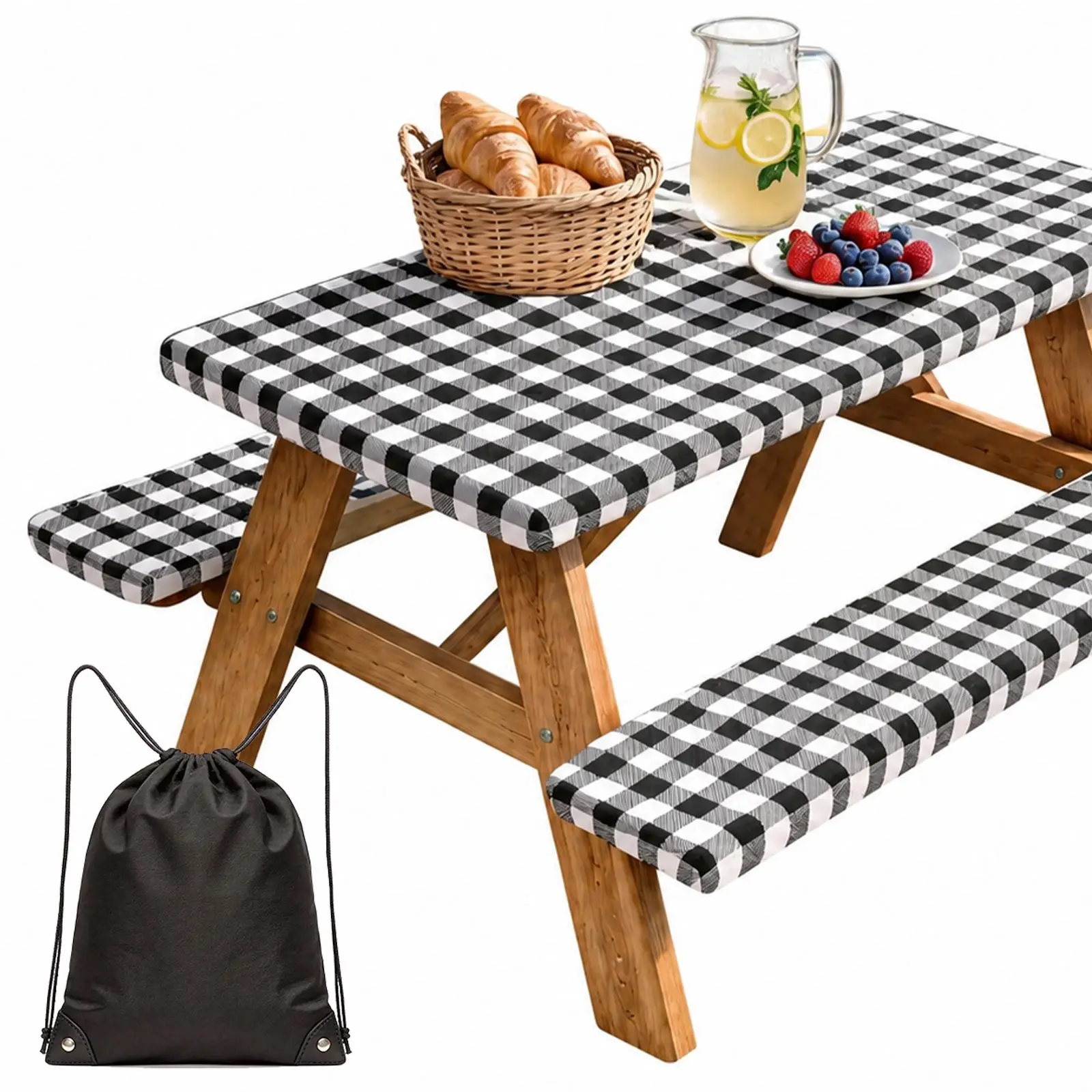 3-Piece 6FT Fitted Picnic Table Cover Set with Bench Covers & Carry Bag, Waterproof Windproof Vinyl Buffalo Plaid Tablecloth with Elastic Edges for Camping, Picnics & Outdoor Use