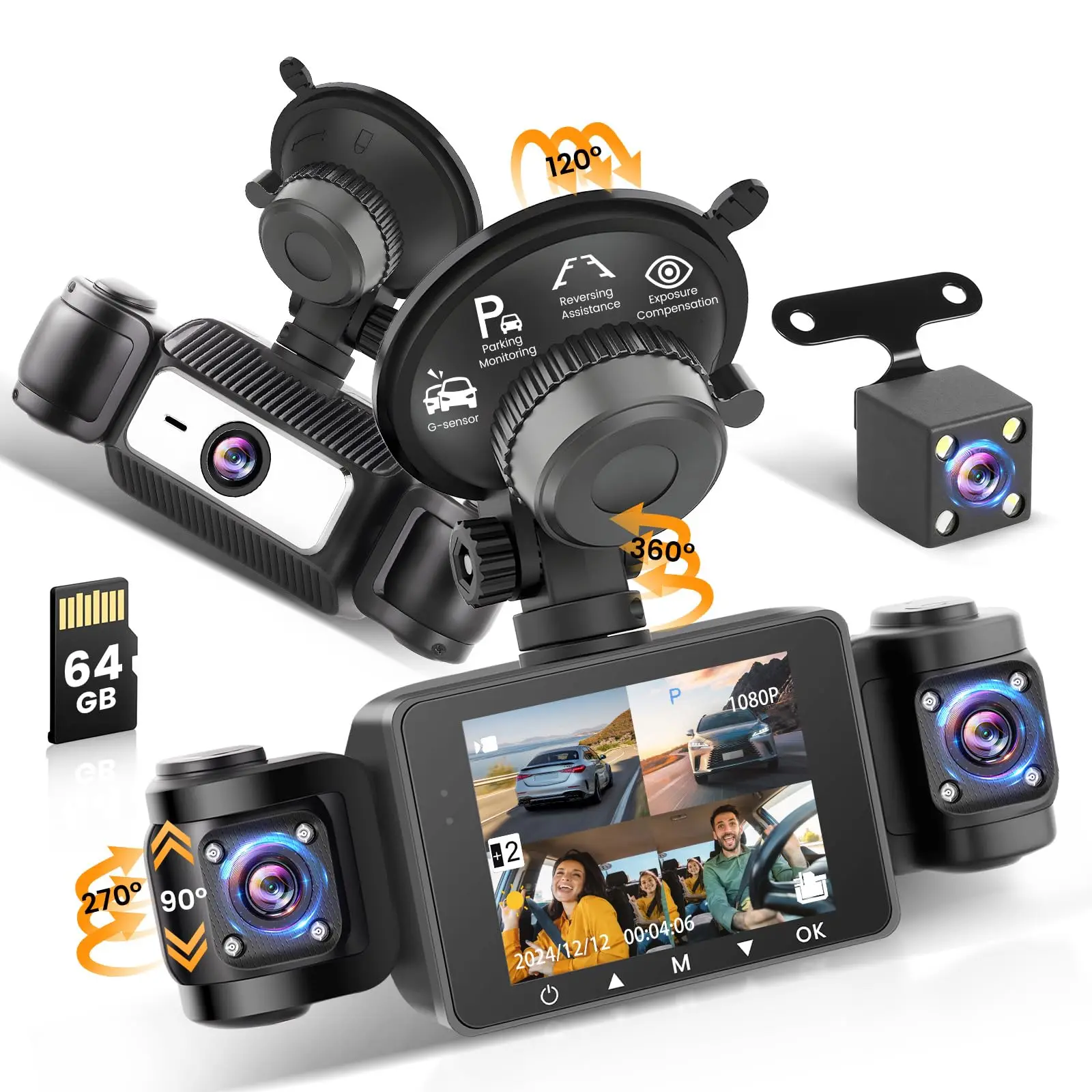 4-Channel 1080P Dash Cam, Car-Mounted Multi-Camera System with 360° Front-Rear-Inside Views, 2.4" Screen, Night Vision, G-Sensor, Parking Assistance, 24H Monitoring for Car Safety, Father's Day Gift, 1080P Car Cameras