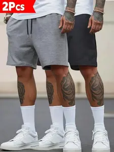 Men's Plus Size 2 Pack Solid Color Drawstring Gym Shorts, Loose Street Style, Summer Casual Pants, Suitable for Gym, Sportswear, Daily Wear