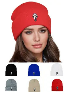 Halloween Skull Embroidered Knit Hat, Cute Fitted Warm Windproof Beanie for Fall & Winter, Fashionable Versatile Yarn Cap