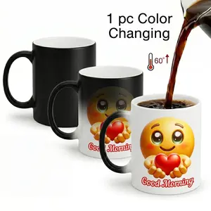 Thermosensitive Ceramic Mug Good Morning Cup TransformationMagic Color - "Good Morning" Magic Color Changing Mug - Cute Heart Emoji Design, Heat Sensitive Ceramic Coffee Cup, Unique Birthday Surprise Gift for Friends & Family