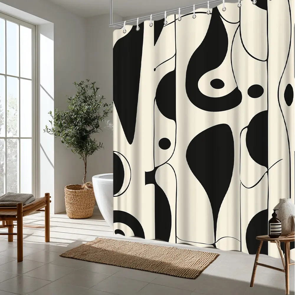 1pc Abstract Artistic Shower Curtain | Modern Black White Line Art Unique Geometric Design, Polyester Fabric, 70.8x70.8 Inch, Includes 12pcs Hooks, Machine Washable