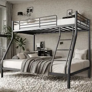 Metal Bunk Beds Twin Over Full Size with Ladder & Guardrail, Metal Bed Frame for Teens & Adults, Heavy Duty Sturdy Bunk Beds, Space Saving, No Box Spring Needed, Black