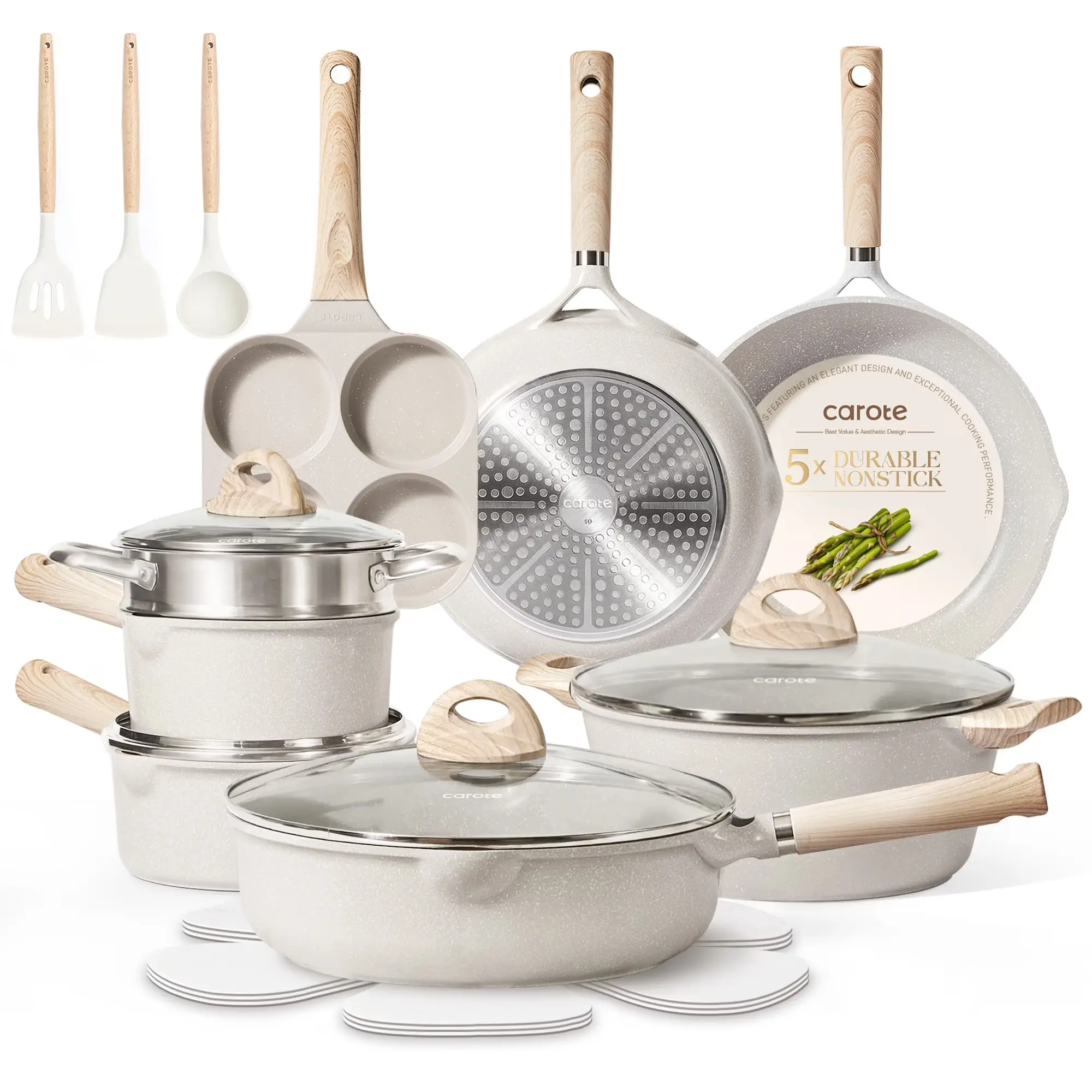 20 Piece Nonstick Cookware Set, Pots and Pans, Beige