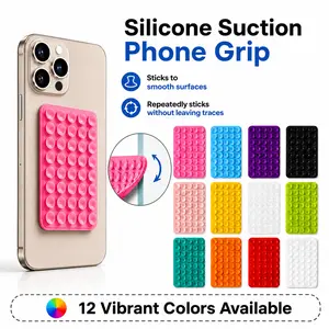 Silicone Suction Phone Grip Stand, 4-Pack Reusable Double-Sided Phone Holder with Adhesive Pad, Portable Square Phone Mount for Smartphones, Compatible with Mirror, Tile, Glass and Metal