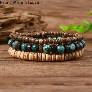 HearthVibe Studio Coconut Wood Beaded Bracelet with Green Imperial Jade & Lemon Jade Beads Handmade Stacking Stretch Bracelets for Men and Women