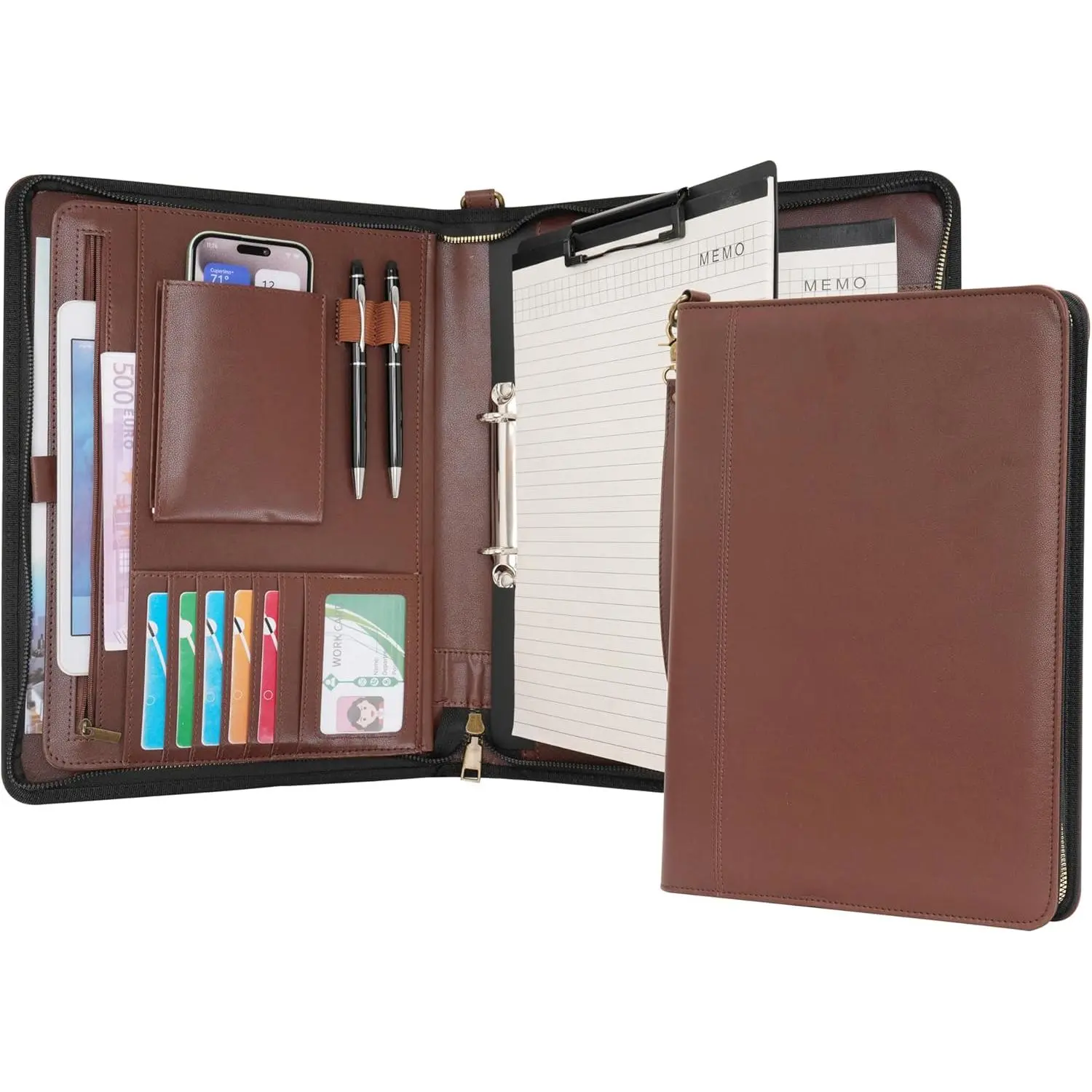A4 Portfolio with Zipper - Leather PU Padfolio with Detachable Ring Binder and Writing Notepad Holder, Conference File Multi-Pockets Organizer for Office Travel School (Coffee)