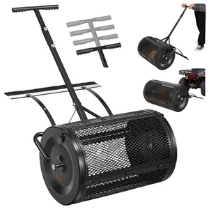 VEVOR Compost Spreader, 24" Wide Peat Moss Spreader with Push/Tow Handle & Brush, 4 Heights Adjustable, Powder-Coated Steel Garden Peat Moss Roller, Heavy Duty Grass Seed Roller for Planting Seeding