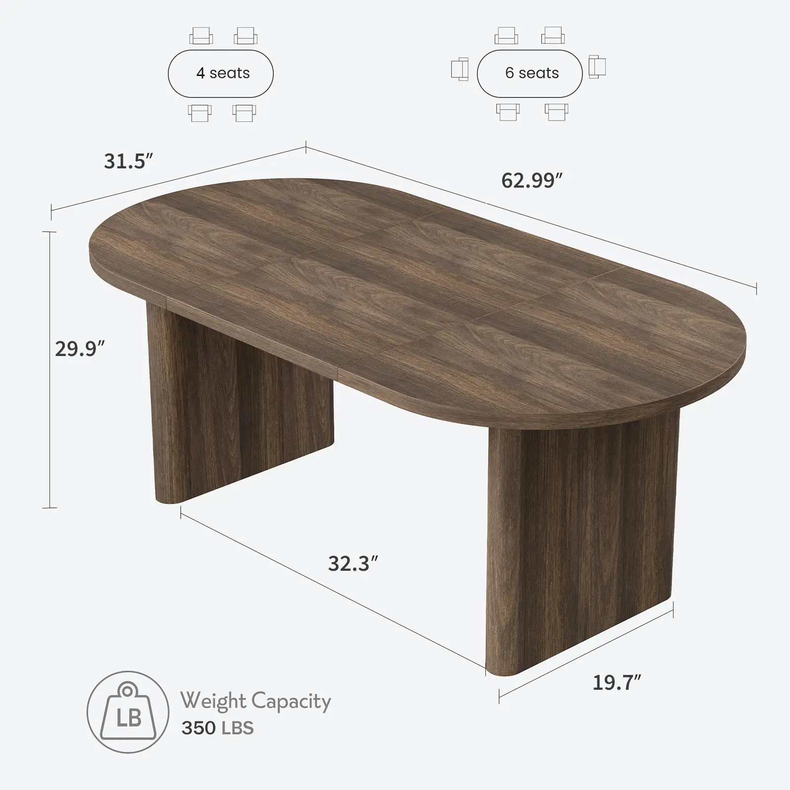 Garvee Rustic Farmhouse Style Oval Wood Veneer Indoor Dining Table, 63-70.87in Long Sturdy Wood Construction Pedestal Base, Water-Resistant, Scratch Resistant, Easy Assembly, Seats 4-8, Multiple Colors, Perfect For Kitchen, 350 Pounds