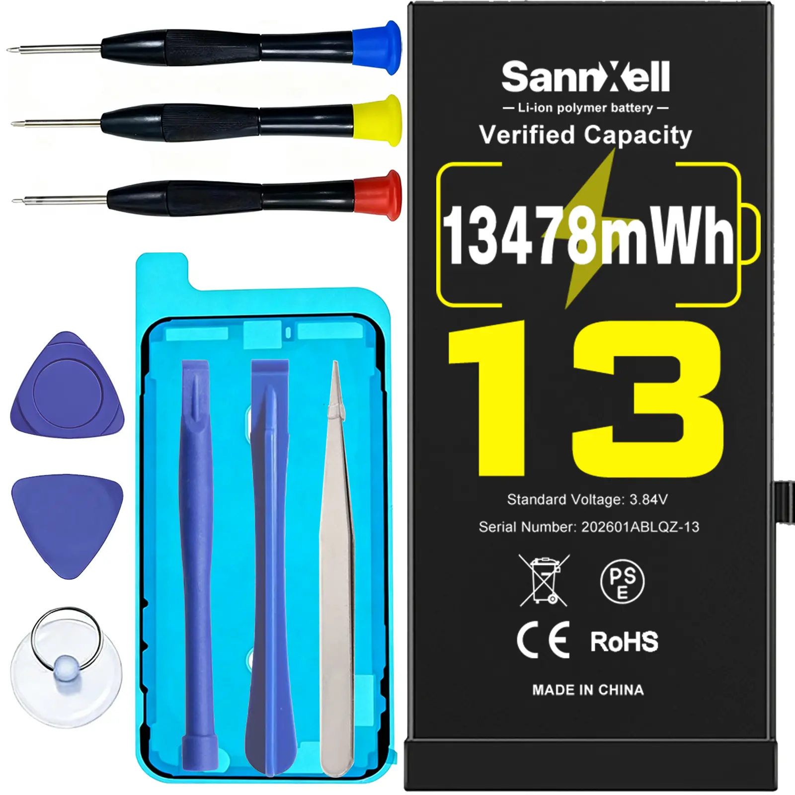 SannXell Upgraded High-Capacity Aluminum Foil iPhone 13 Replacement Battery, 13478mWh 0-Cycle Li-ion Battery for A2482 A2631 A2633 A2634 A2635 Models, Safety-Focused for Heavy Users with Full Repair Tool Kit & Accessories