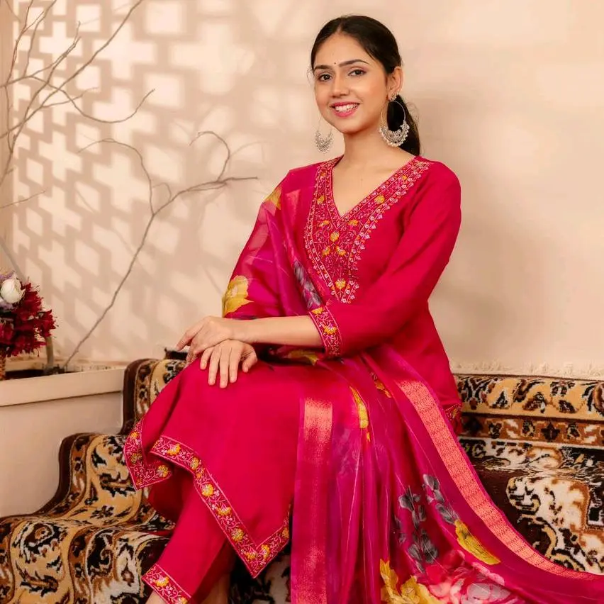 Bollywood style three pieces Premium rayon three pieces suits with organza Dupatta for women
