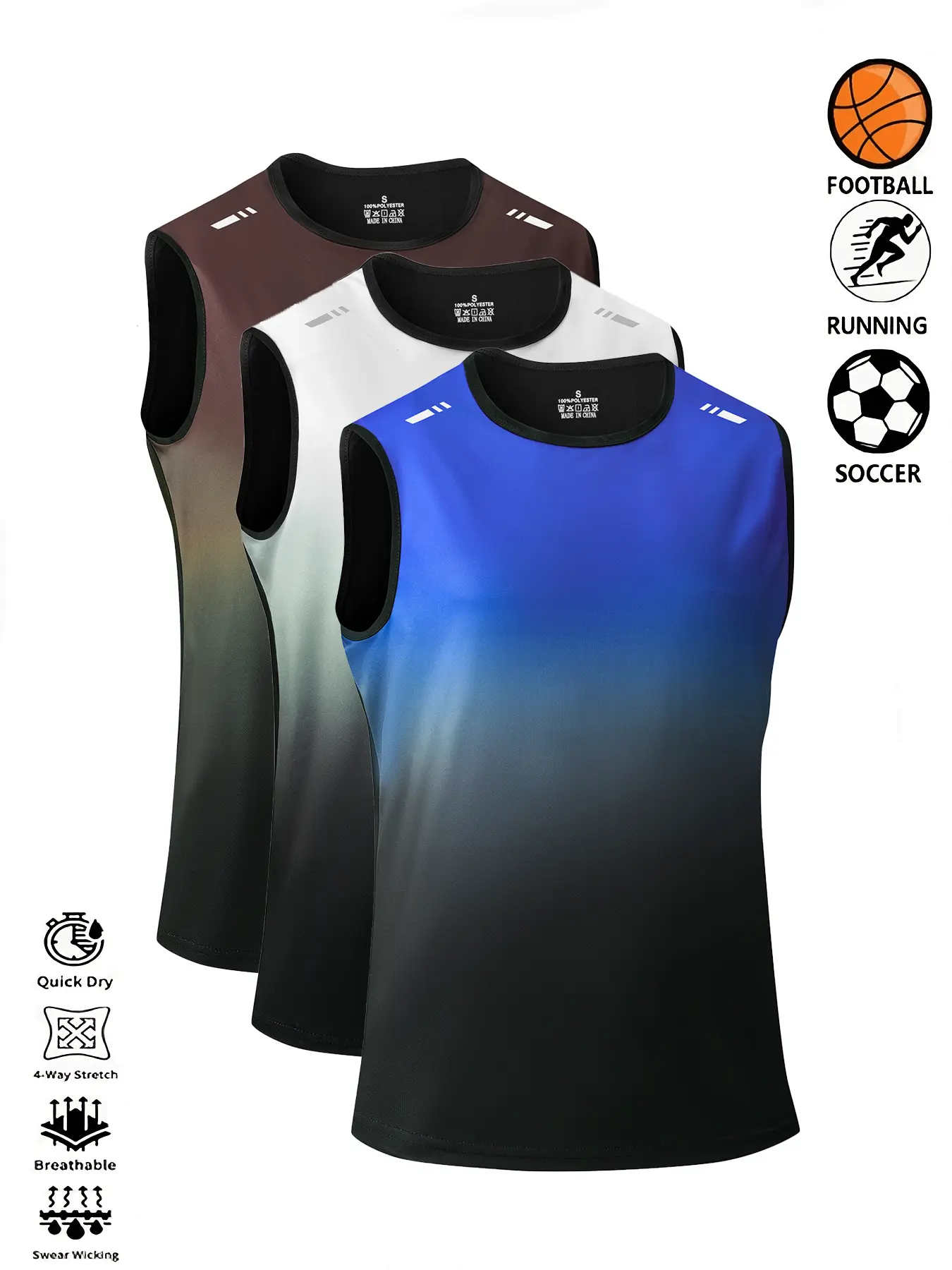 Men's 3-Pack Gradient Polyester Activewear Tank Tops - Quick-Dry, Breathable, High-Stretch, Loose-Fit Workout Sleeveless Shirts - Built for Basketball, Running, Gym - Flexible Sporty Chic (Do Not Dry Clean), Activewear Tank Top