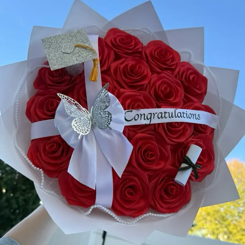 Keepsake Eternal Grad - Red Roses Bouquet with Graduation Cap and Butterfly Decor for Congratulations Gift