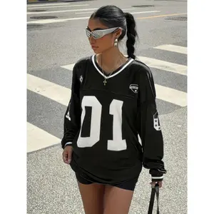 Women's Athletic V-Neck Mesh Jersey T-Shirt - Black & White Number 01 Print, Loose Fit, Long Sleeve, Polyester Knit for Spring/