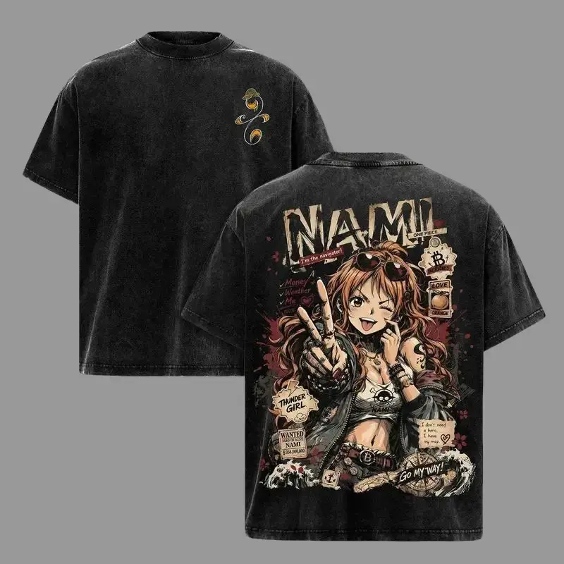 Men's Vintage Washed Nami Oversized Anime Heavy Cotton Double-Printed Graphic T-Shirt, Shortsleeve Navigator Streetwear Top, Pirate Princess Manga Apparel