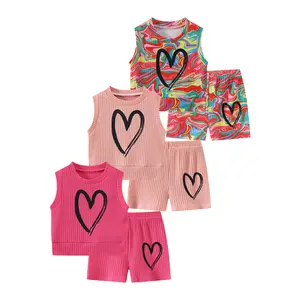 #SummerVibes 6-piece girls summer vest short-sleeved shorts suit heart-shaped pattern fashion casual short-sleeved children's clothing children sleeveless outdoor suit in summer