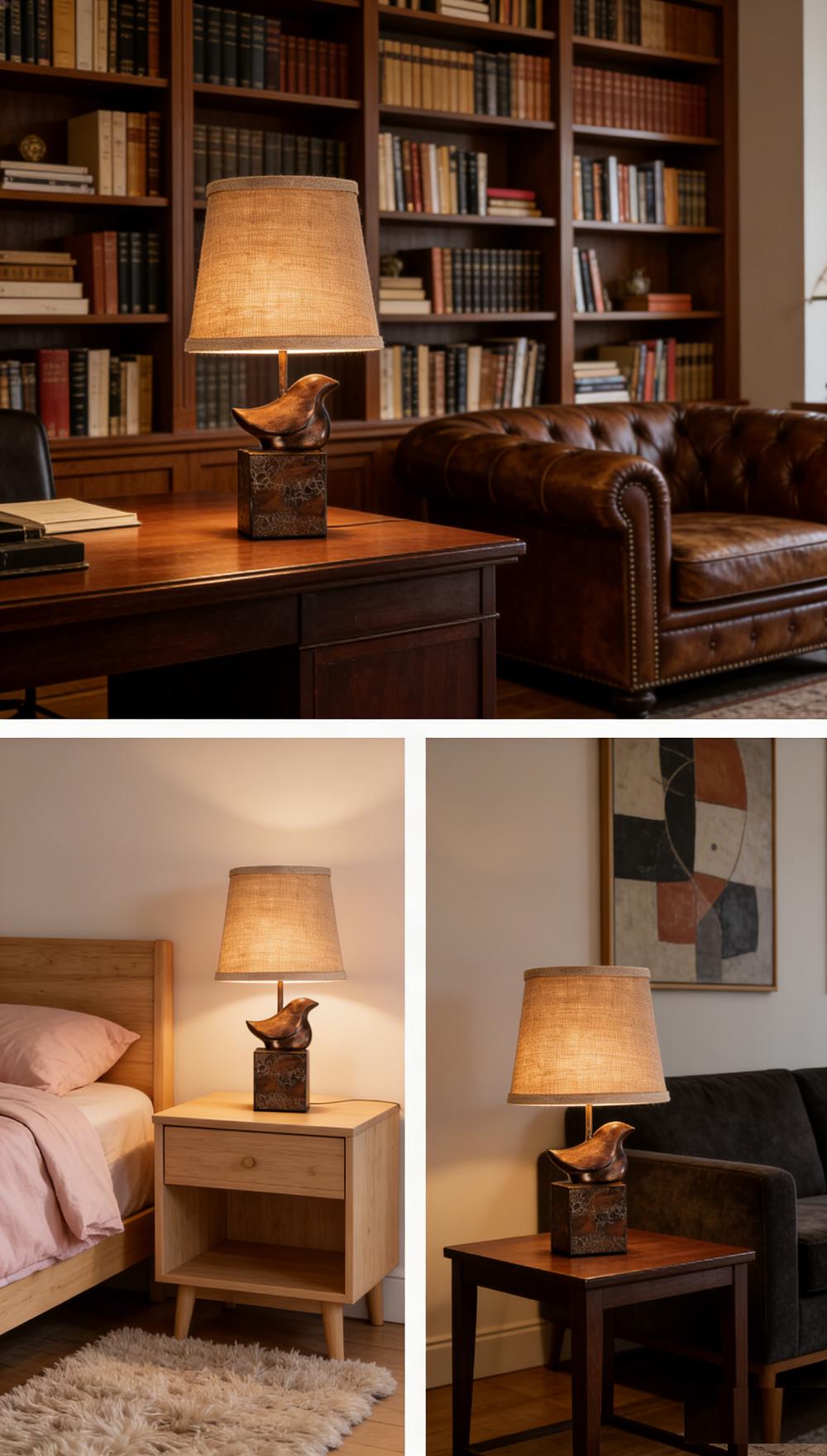 15"Resin Table Lamps for Living Room Country Cottage Farmhouse Lamp for Bedroom Tree Trunk Wood Grain with Oatmeal Fabric Round Shade Vintage Rustic Traditional Nightstand Bedside Lamp