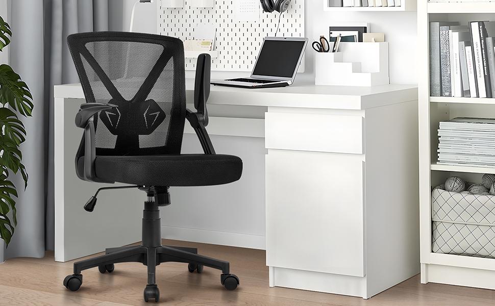 Yaheetech Mesh Office Chair 90° Flip-up Armrests Adjustable Lumbar Support Cushioned Seat Ergonomic Home Chair Black with SGS Features