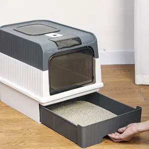 Extra Large Enclosed Cat Litter Box with Drawer, Odor Control & Splash-proof Cat Toilet, Rectangular Plastic Cat Toilet with Cleaning Supplies, Kitten Litter Box