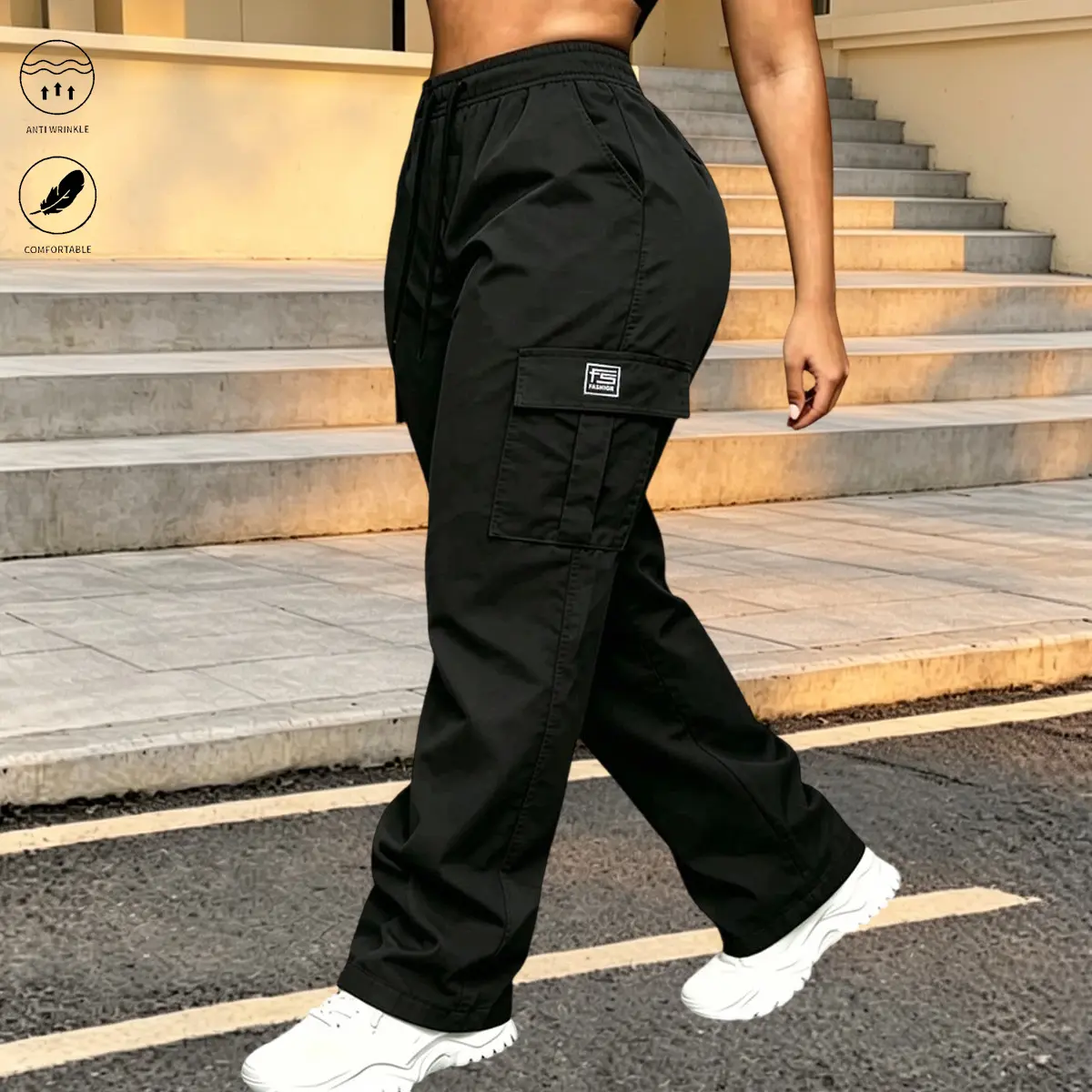 Women's Casual Wide-Leg Cargo Pants, Basic Loose Fit Trousers with Elastic Drawstring Waist, Comfy Bottoms for Street Style, Bottom, Lady, Casual Comfy Pants, Cargo Pants Women