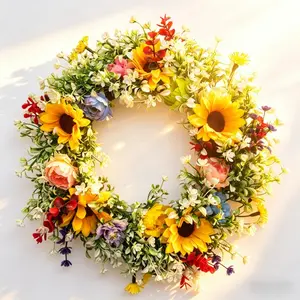 1pcs Mixed Color Artificial Sunflower Wreath, Faux Floral Wreath, Faux Floral Garland with Greenery & Multicolor Blooms, UV Resistant Silk Flower Wreath for Front Door Wall Decor, Spring Summer Home Decor, Mother's Day & Easter Party, Flower Design
