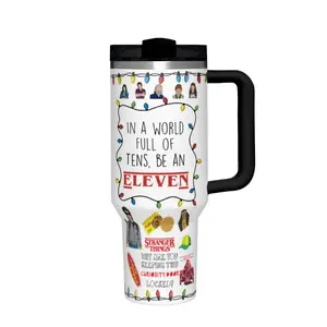 1 x 20 oz stainless steel travel mug with Stranger Things-themed 2D print, featuring colorful Christmas lights, character illustrations, and motivational text, black handle and lid.