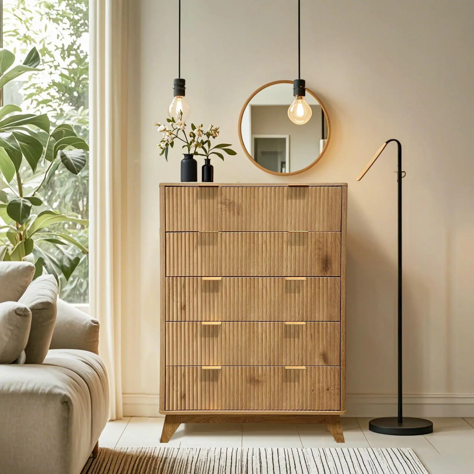 Yellow Fluted 5 Drawer Dresser 48in Tall Wood Chest of Drawers Curved Edge Modern Storage Cabinet for Bedroom Living Room Entryway Oak