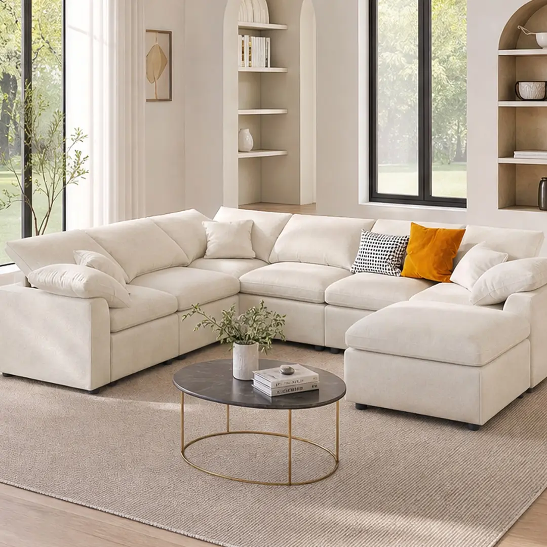 120.8" Extra Large 7-Seater Modular L-Shape Sectional Sofa with Movable Ottoman, Plush Chenille Fabric, Solid Pine Wood Frame for Living Room, Office, Beige/Gray Options, Beige/Gray Color Options, Chenille Material, 7 Seat Seat Count
